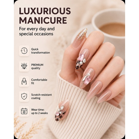 Nude Leopard Print Press‑On Nails with Pink Rhinestones & 3D Butterfly, Sweet‑Cool Long Almond False Nails